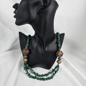 Vintage Boho Malachite Bead Necklace with large Gold-toned Accent Beads 28"